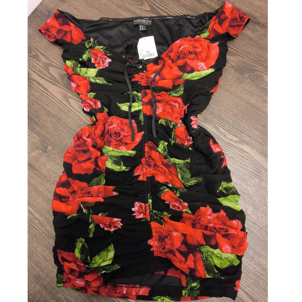 Plus Size 1X Ruched Rose Print Black Mesh Dress Forever 21+ Adjustable Sexy